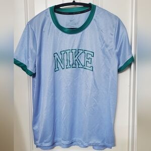 Nike Women's Light Blue Running Tee with Green Accents